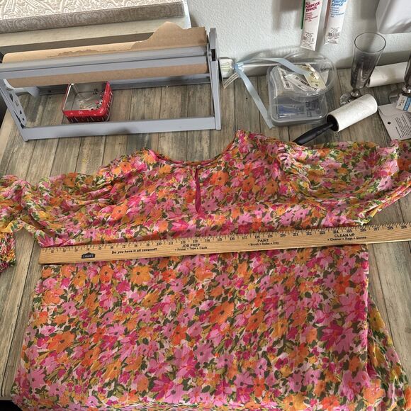 Terra Sky  Womens Peasant Top Plus 2X Pink Floral Shirred Cottagecore Lined Boho - Picture 13 of 16